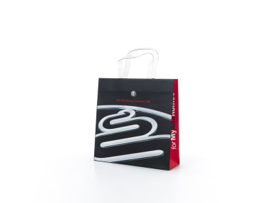 Shopping bag personalizzata 32x10x32 H - Carta patinata 190 gr. - Stampa Quadricromia fondo pieno + uv lucido - maniglia fettuccia pvc