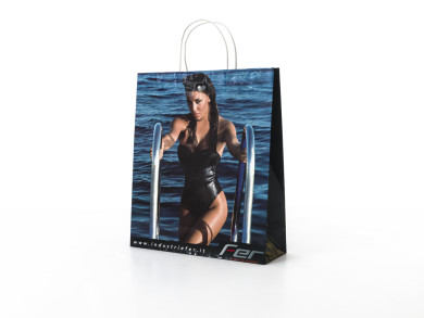 Shopping bag personalizzata 38x13x44 H - Carta patinata 120 gr. - plastifica lucida - Stampa quadricromia - maniglia carta ritorta cotonata