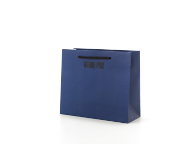 Shopping Bag 30x12x26 H - Carta patinata 190 gr. - Stampa 2 colori - blu fondo pieno + nero uv lucido a rilievo - maniglia stringa da scarpe nera